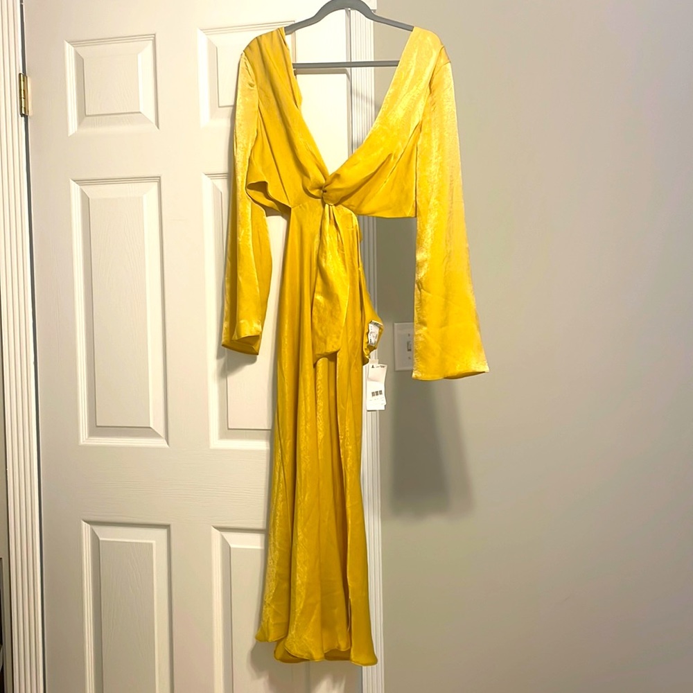Tie Front Long Sleeve Satin Midi Dress- yellow